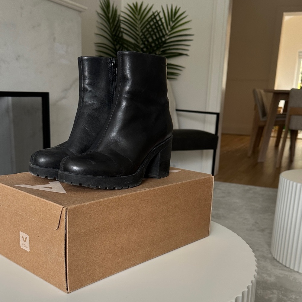 Black Leather Platform Ankle Boots with Block Heel - Women's